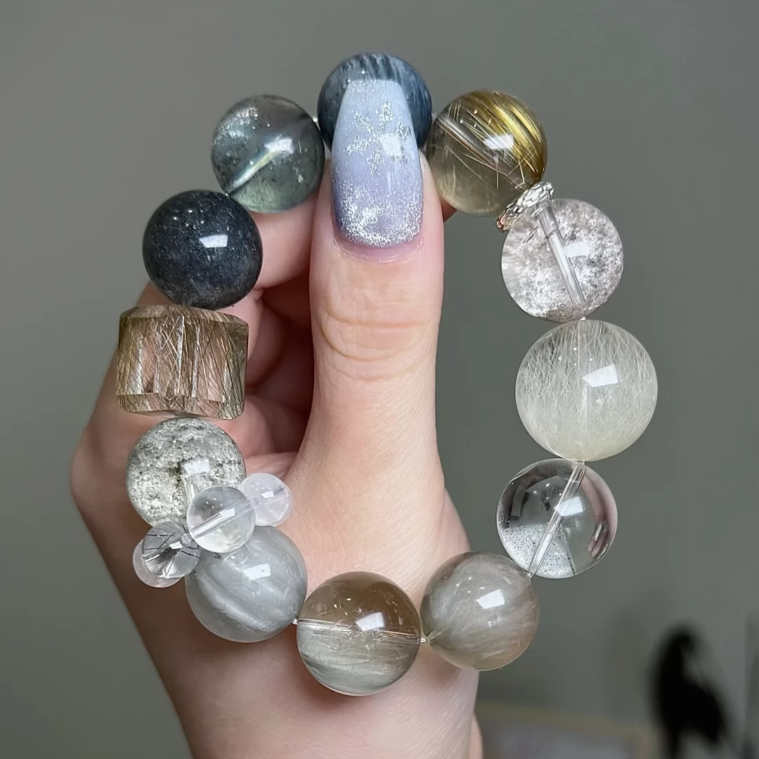 天然水晶手链异象幽灵兔毛金发晶黑幽灵海蓝宝水晶【追风逐浪】