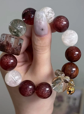 原创天然金发晶幽灵兔毛彩胶花雪花幽灵水晶手串手链【冬日奈奈】