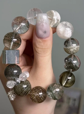原创天然彩幽灵彩兔毛银发晶圆珠女款定制水晶手串手链【雪森】