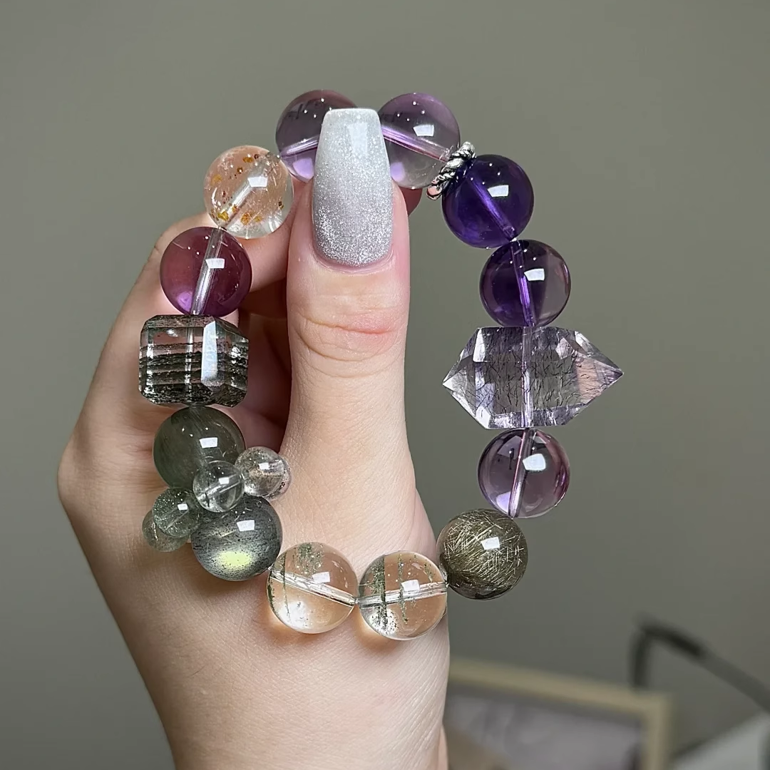 天然水晶手链紫超七黄铜矿绿幽灵绿发晶银发晶紫水晶【守恒定律】