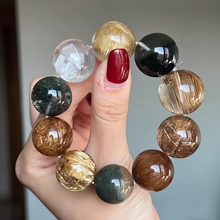 天然兔毛方糖发晶幽灵招财多宝水晶手串手链女款圆珠原创饰品34