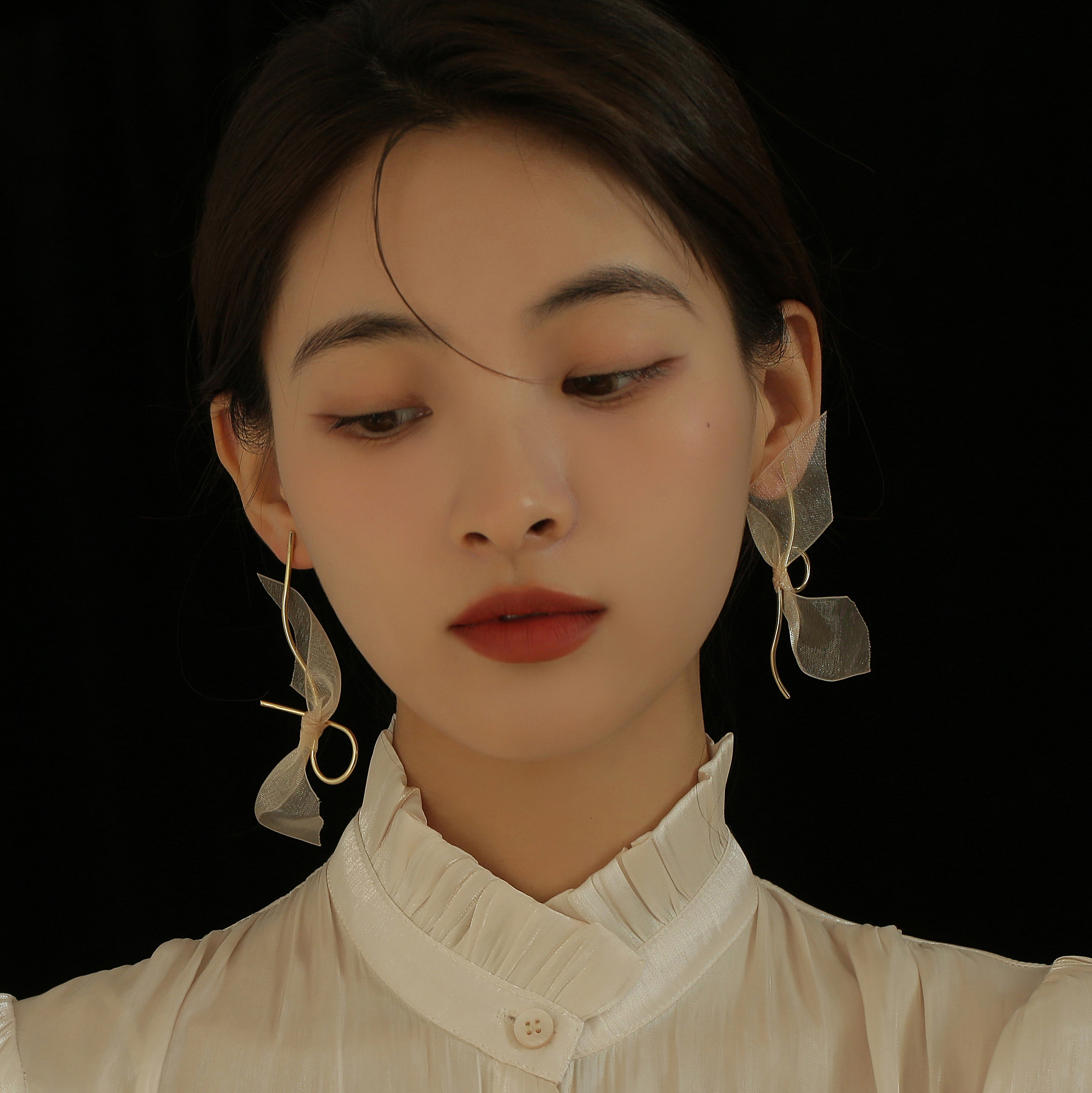 925纯银针丝绸蝴蝶结耳环日韩风格气质ins网红风名媛时尚耳饰品女