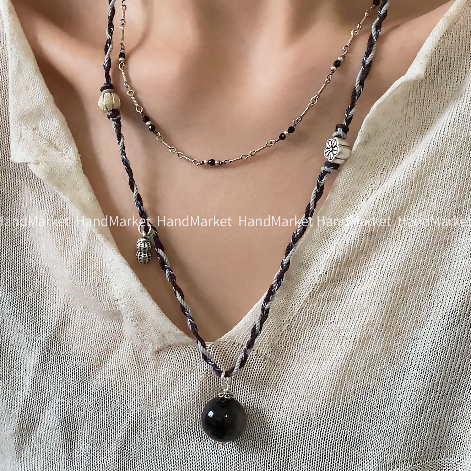 吊坠925银 JIUJIU【好事花生设计毛衣链】编绳设计感圆珠吊坠款