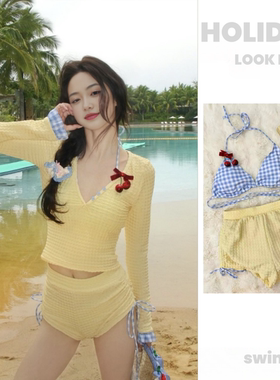 2025新款分体泳衣女三件套辣妹甜美格纹显瘦海边度假风长袖小个子