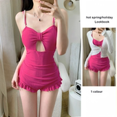 开衫 泳装 连体小香风甜美珍珠高级感泳衣女显瘦遮肚长袖 两件套温泉