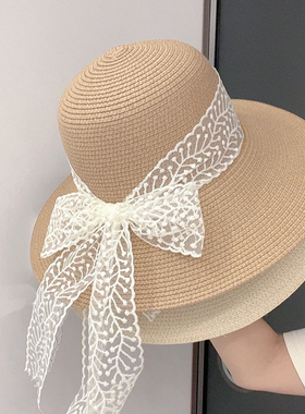 2025新春夏韩版蕾丝蝴蝶结系带草帽子女出游百搭显脸小遮阳防晒帽