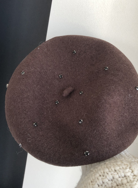 韩系千金风水钻装饰羊毛贝雷帽子女秋冬复古百搭显脸小云朵画家帽