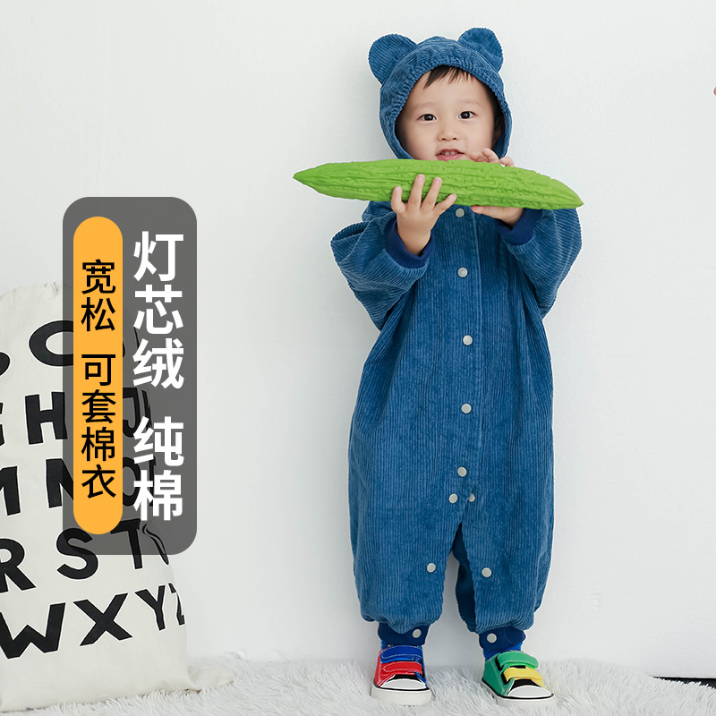 宝宝连体罩衣全身防脏吃饭衣可爱灯芯绒条绒婴儿童画画爬爬服护衣