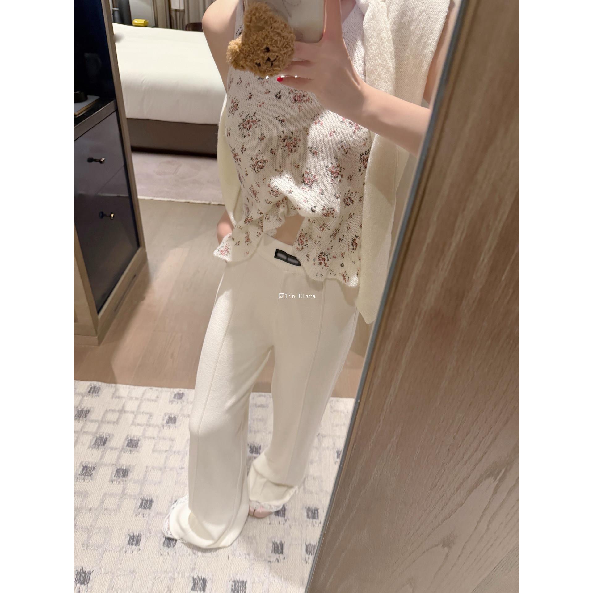 慵懒风蕾丝花边针织微喇裤女高腰垂感竖条纹修身显瘦阔腿拖地长裤