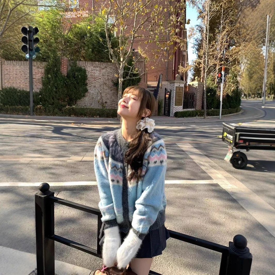 现货韩国小众24秋冬新款复古穿搭费尔岛针织加厚毛衣女开衫