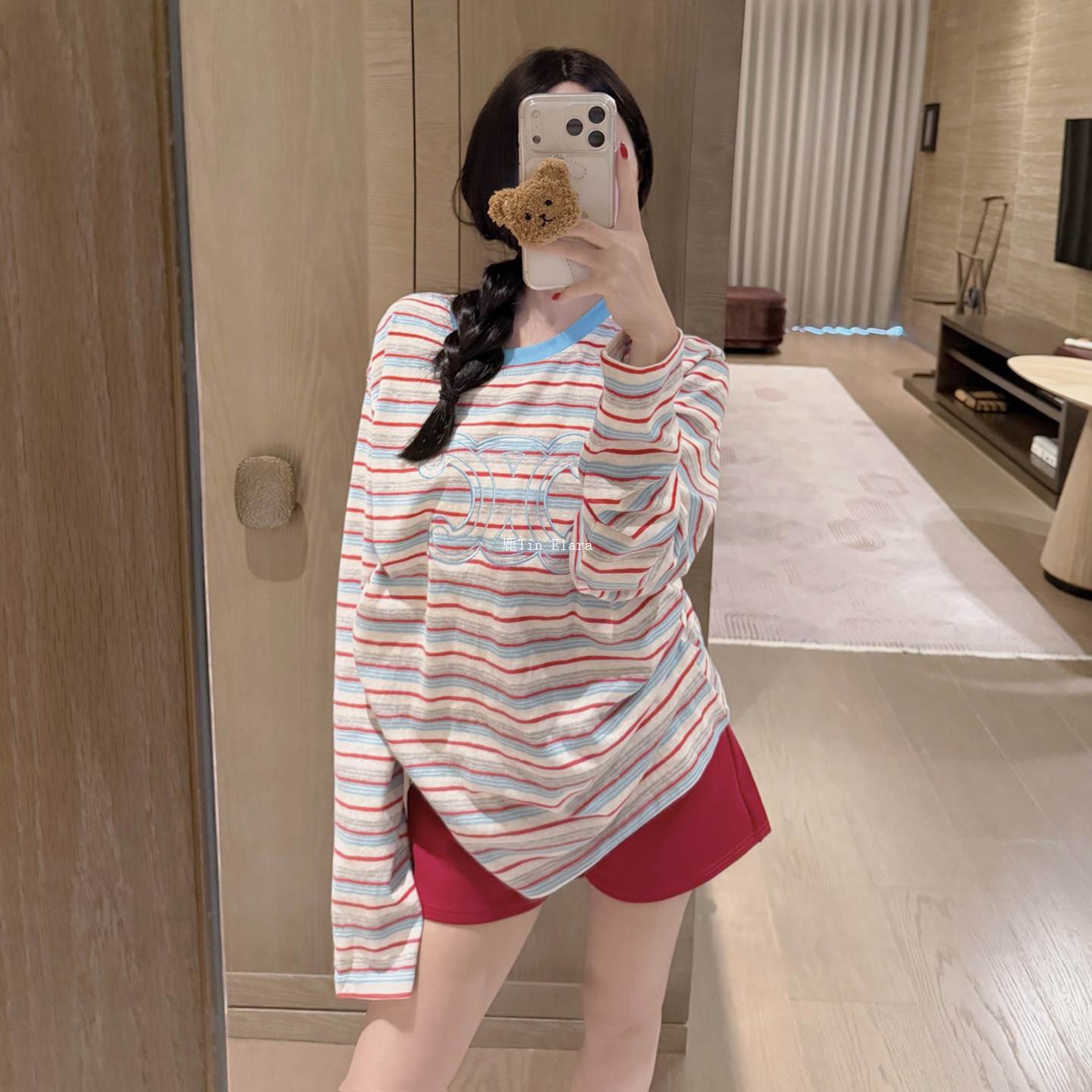 韩系撞色彩色条纹长袖T恤女宽松刺绣薄款罩衫慵懒风显瘦休闲上衣