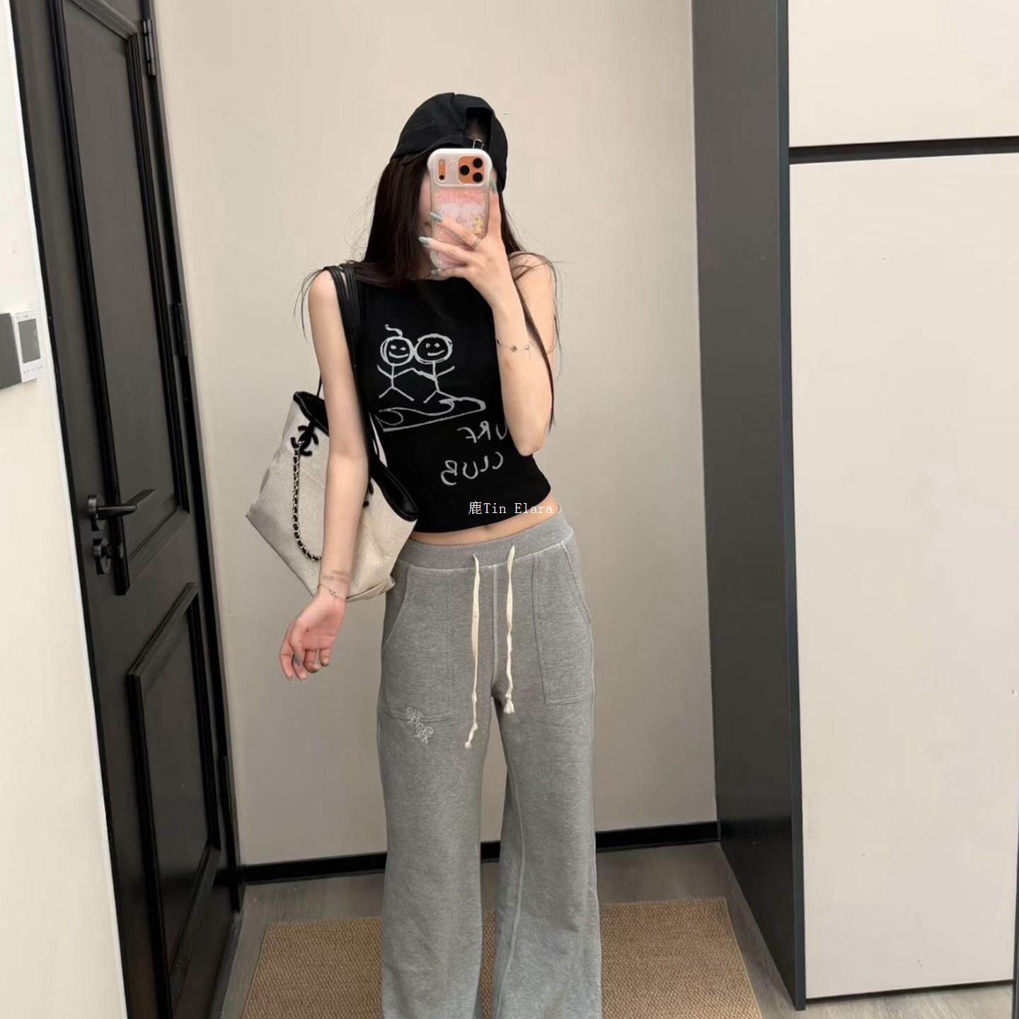 ins潮牌灰色火柴人印花贴布刺绣休闲裤卫裤女微 喇抽绳运动长裤