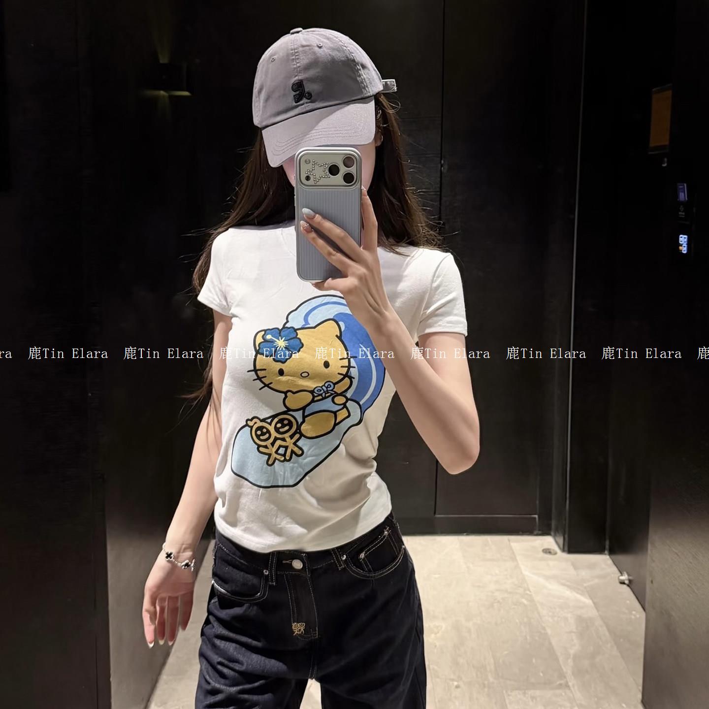 刘雯同款！26ss新款火柴人kitty猫卡通印花修身短款短袖T恤女
