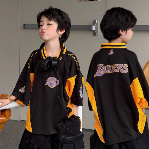 男孩时髦篮球服2026夏季新款男生时尚拼色胶印球衣中大童酷帅短袖