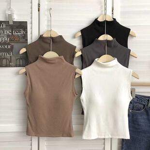 秋冬半高领磨毛保暖背心带胸垫螺纹加绒一体式 美背免穿文胸上衣女