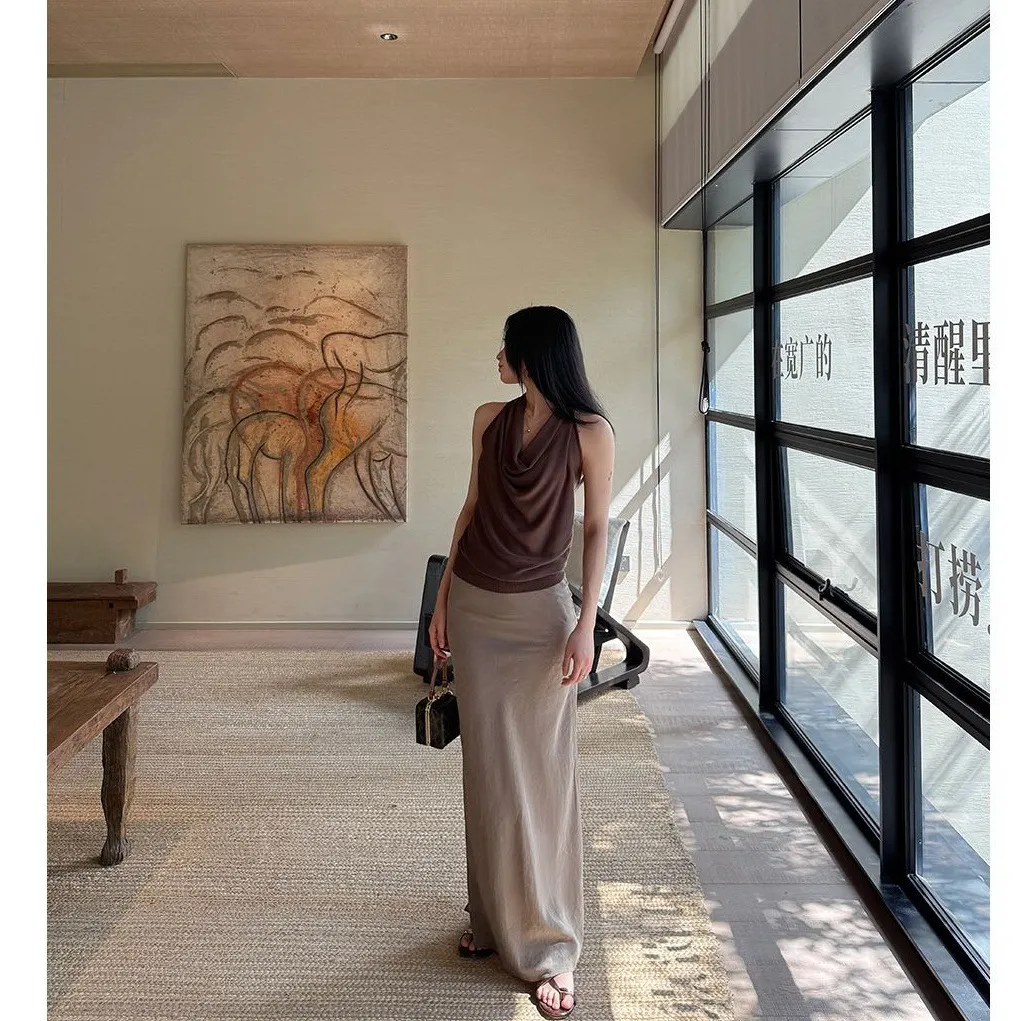 韩系新款2025夏套装后背麻花杆设计宽松堆堆领无袖背心T恤上衣女