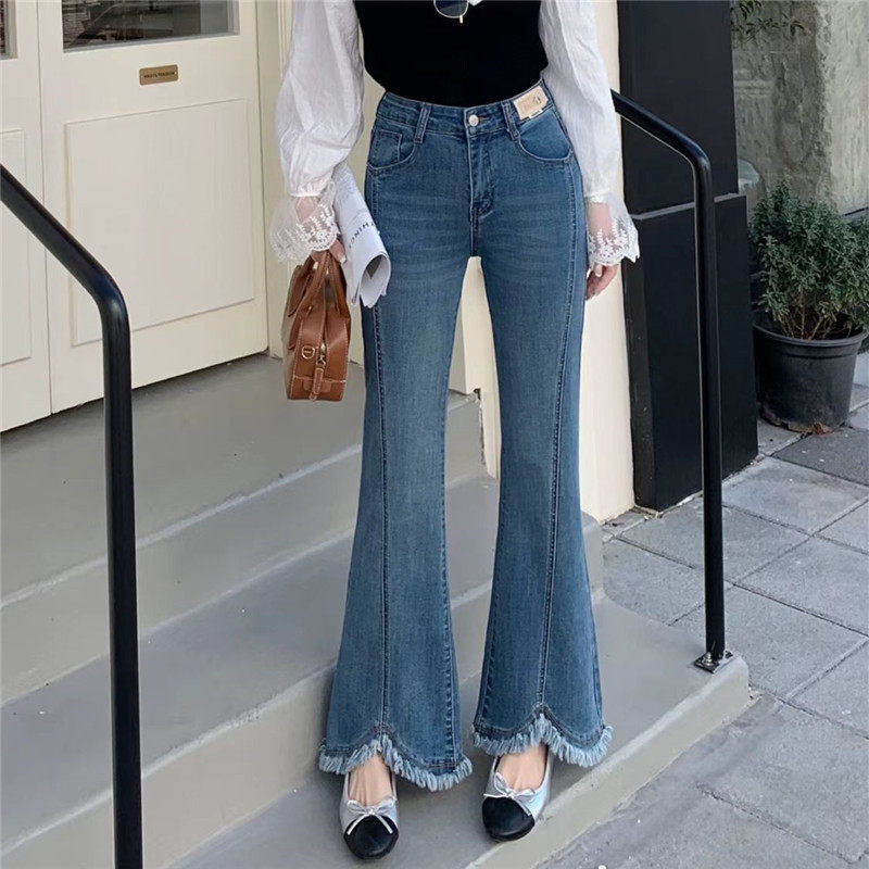 欧货高弹牛仔毛边鱼尾喇叭裤女2026春新款修身显瘦拼接九分微喇裤