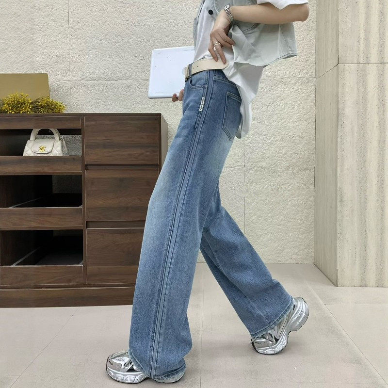 欧货浅蓝色侧条牛仔阔腿裤女2026早春新款高腰宽松显瘦直筒拖地裤