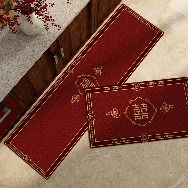 红色结婚硅藻泥厨房专用地垫吸水防滑防油可擦免洗大尺寸喜字脚垫