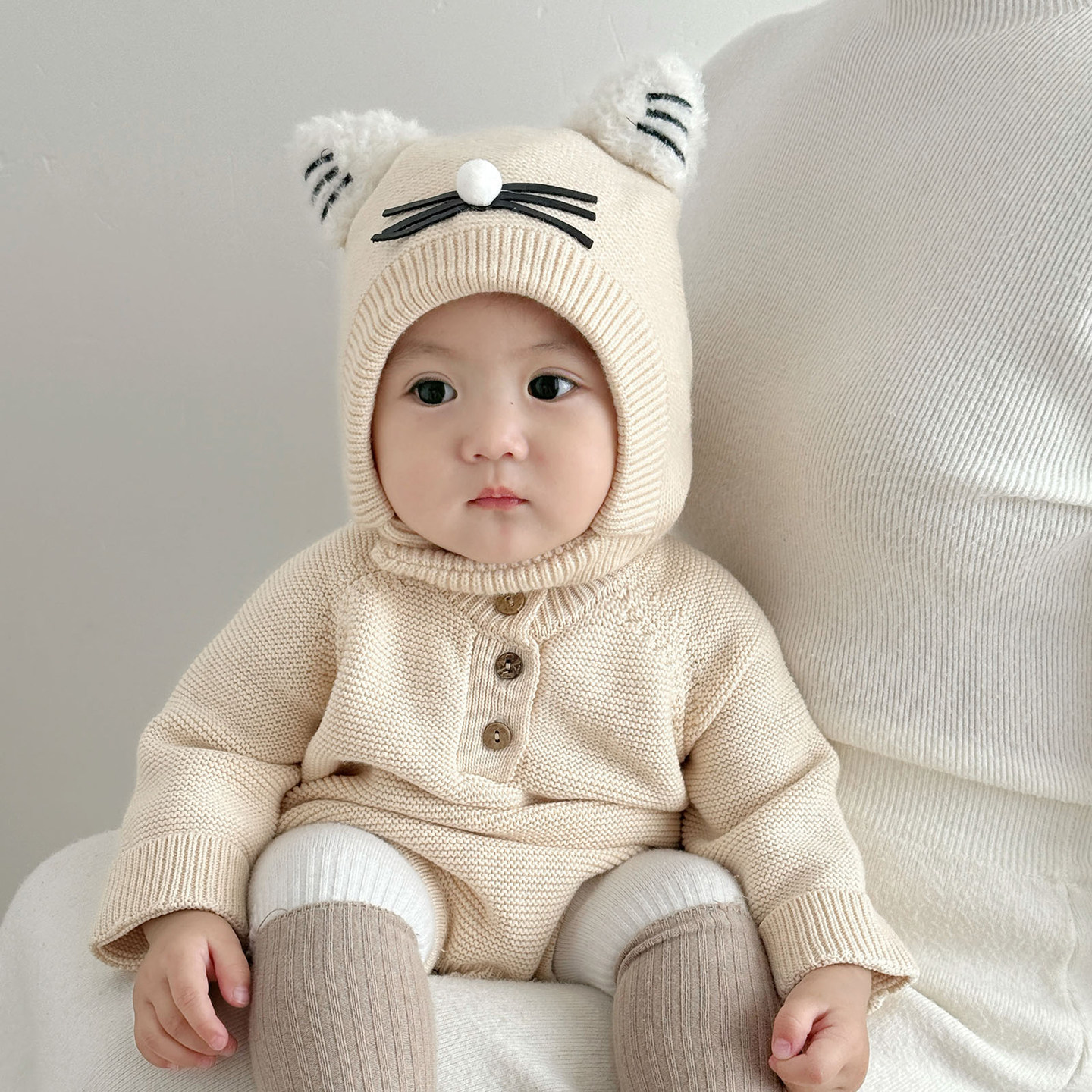 宝宝可爱卡通猫咪护耳帽婴儿秋冬毛线男女幼儿加厚保暖防风针织帽