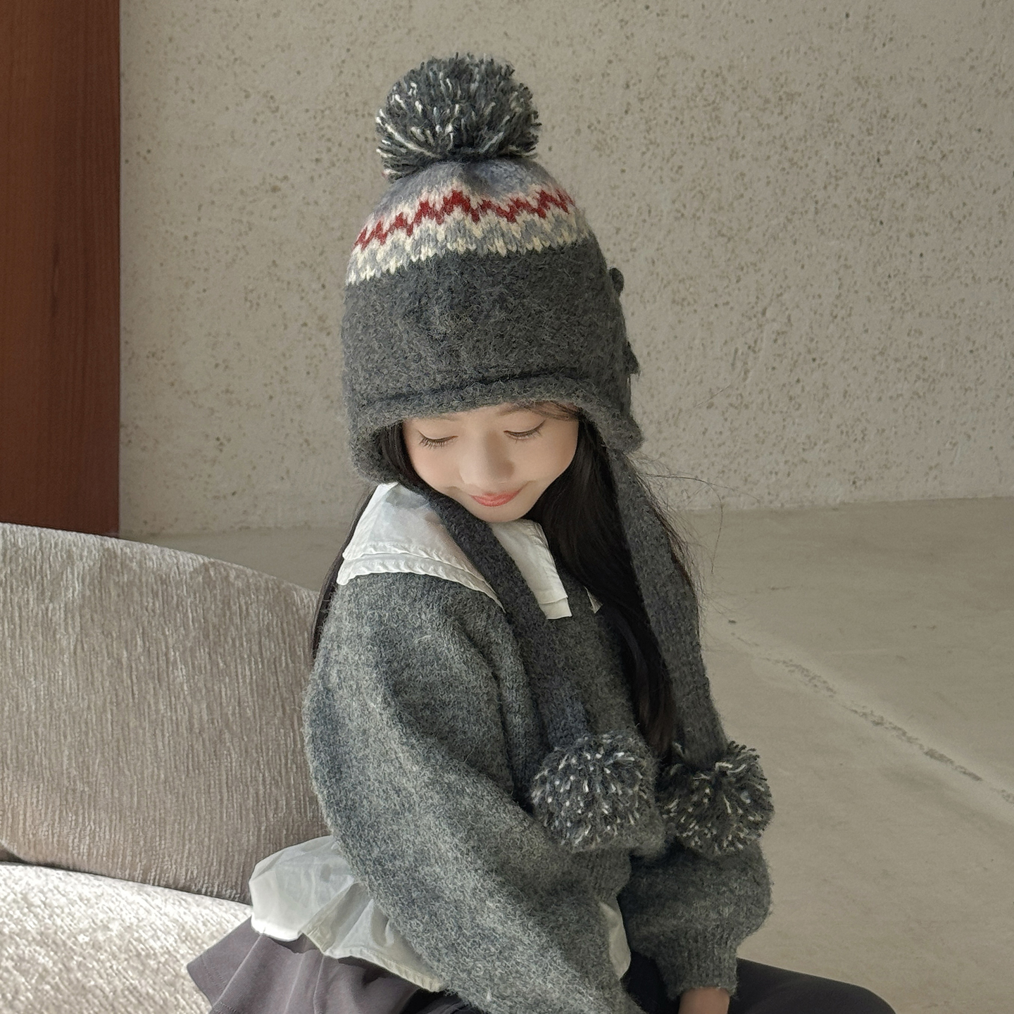 韩版儿童针织帽子女童时尚保暖中大童护耳帽小女孩可爱毛球套头帽