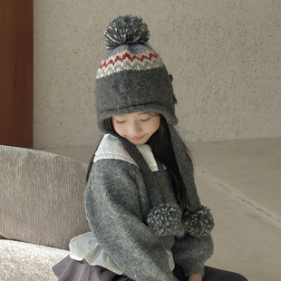 韩版儿童针织帽子女童时尚保暖中大童护耳帽小女孩可爱毛球套头帽