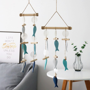 地中海风格墙面装饰品鱼串贝壳挂件实木麻绳风铃创意北欧墙壁家居