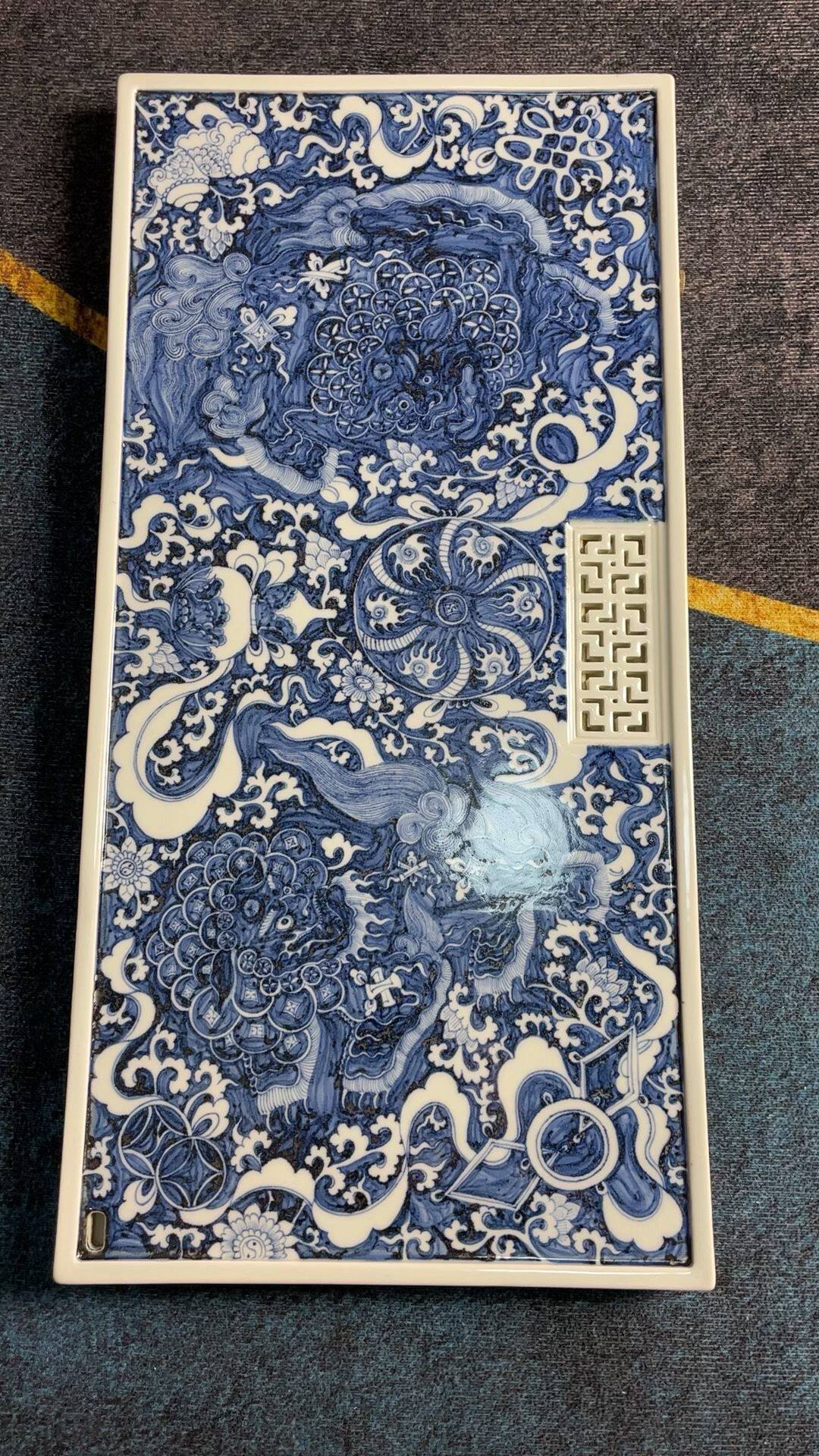 61*33双狮绣球干湿二用茶盘景德镇陶瓷茶盘排水式手绘