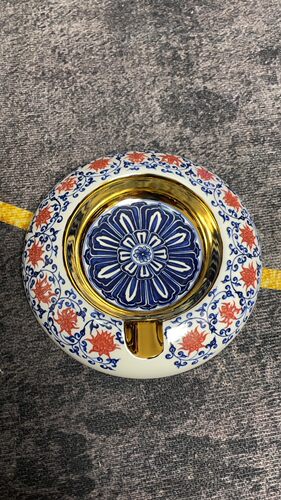描金景德镇手工绘陶瓷烟灰缸青花雪茄缸送礼高档家用缠枝红时尚