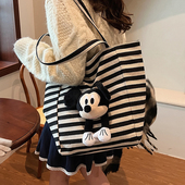 大容量托特包女时尚 条纹帆布包可爱米奇单肩包妈咪包母婴外出轻便