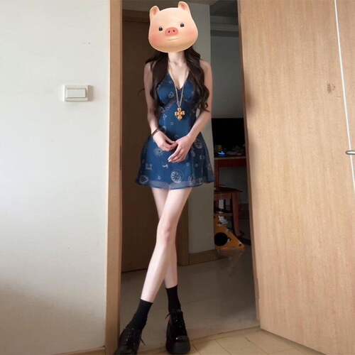 复古深V领吊带裙女春夏季