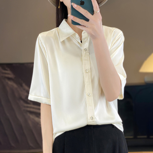 女职业白色正肩衬衣正装 春夏季 衬衫 丝滑缎面短袖 宽松百搭上衣 新款