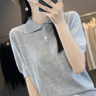 百搭宽松短款POLO领精仿羊毛针织短袖女薄款衬衣领宽松半袖T恤衫