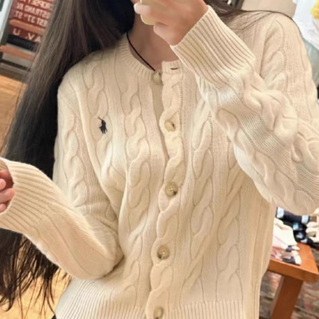 秋冬新款时尚麻花学院风100纯羊毛针织开衫外套女宽松大码刺绣潮