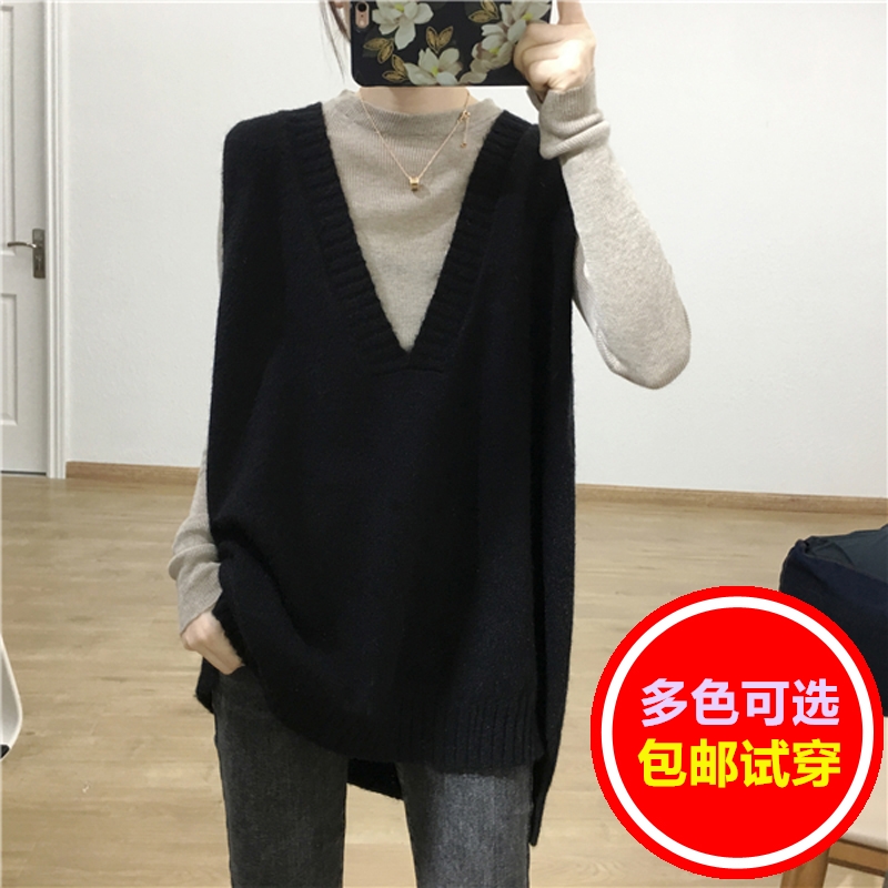 21韩版宽松羊毛外搭马甲女长款V领针织背心无袖套头大码毛衣坎肩