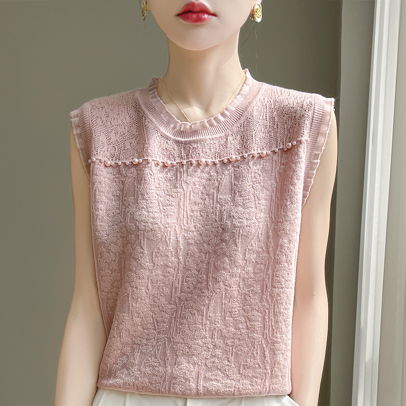桑蚕丝羊毛针织衫女春夏新款薄款镂空钉珠无袖背心内搭上衣打底衫