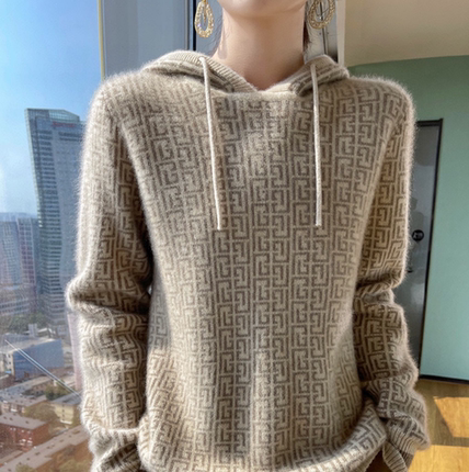 秋冬连帽100纯羊毛衫女宽松拼色加厚毛衣宽松针织打底帽衫