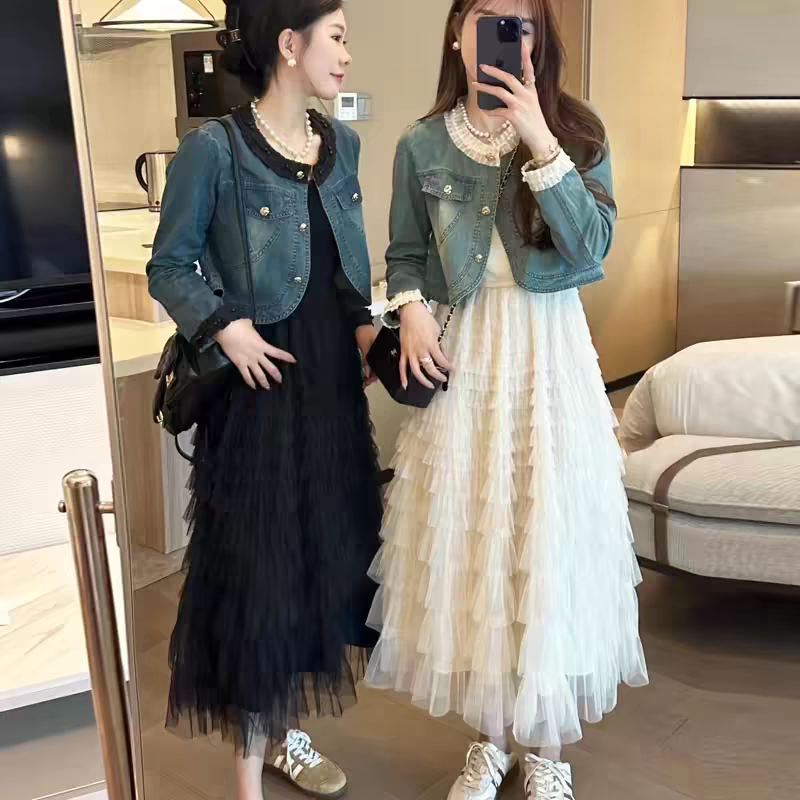 牛仔短外套搭配背心蕾丝网纱蛋糕裙超仙别致两件套女2024早春套装