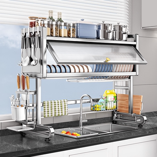 304不锈钢厨房水槽置物架碗碟沥水架收纳洗碗槽水池上方防尘碗柜
