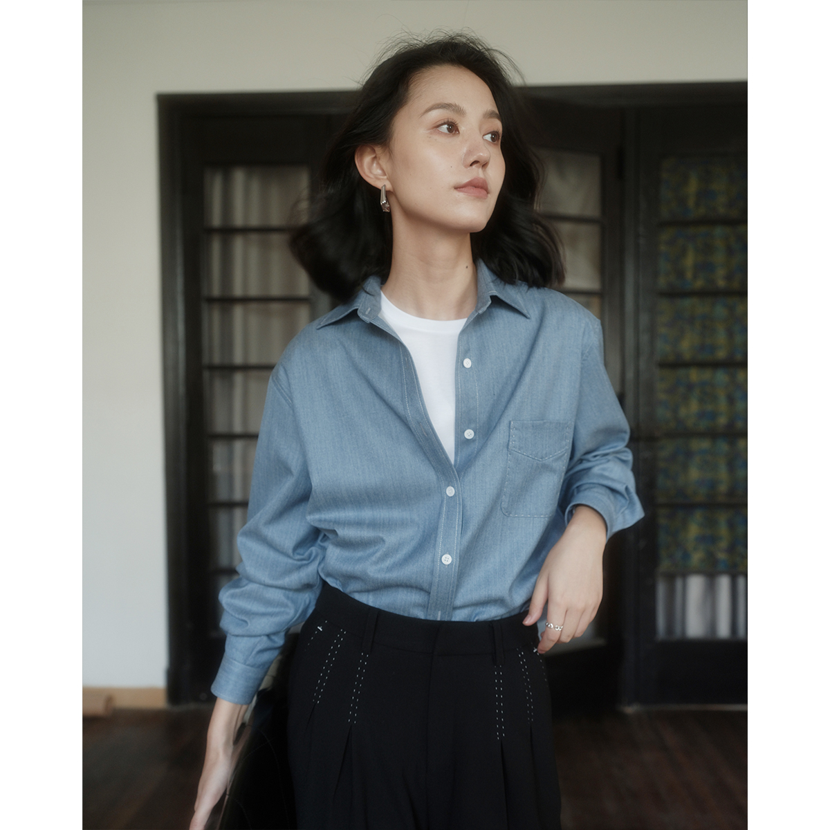 芝美日禾 精纺羊毛牛仔衬衫女宽松柔软垂感男友风复古高级感盐系