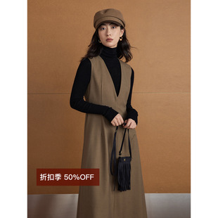 【断码清仓5折】极简叠穿微天丝羊毛收身马甲棕色中长款连衣裙