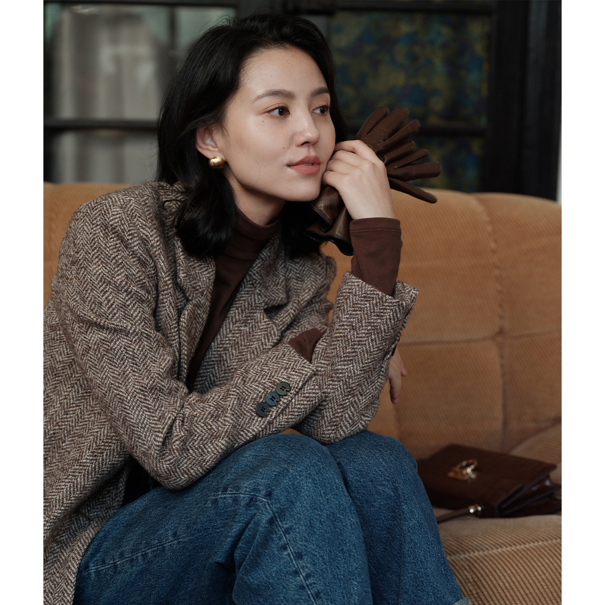 芝美日禾 人字纹花呢羊毛厚款西装外套女一粒扣气质女神英伦复古