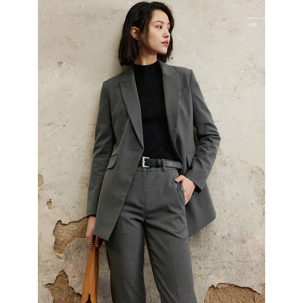 芝美日禾 深灰色职业西装套装女裤两件套抗皱通勤小个子修身正装