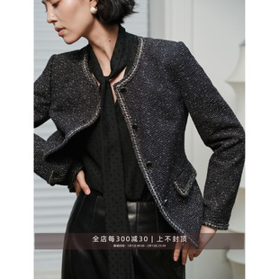 芝美日禾 日本进口编织感小香粗花呢名媛通勤黑白镶边短外套