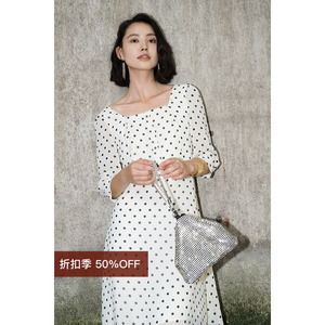 【断码清仓5折】方领七分泡泡袖收腰复古法式波点雪纺连衣裙
