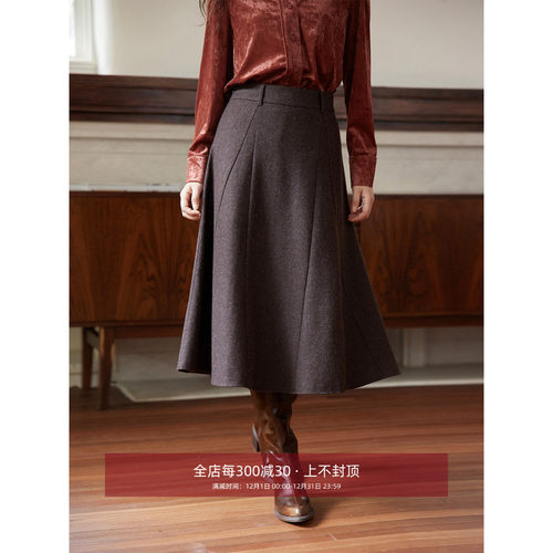 通勤百搭裁剪咖色羊毛半身裙