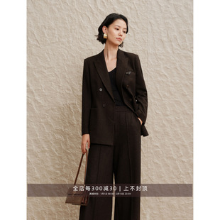 芝美日禾 高质老钱 双色人字纹羊毛拼皮西装/前缝阔腿裤套装