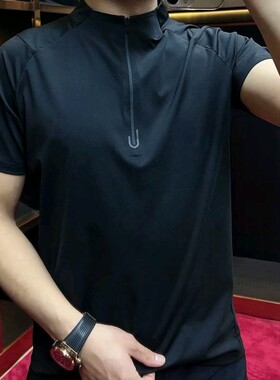 高端半拉链短袖T恤男士新款夏季速干运动立领半袖体恤冰凉感上衣