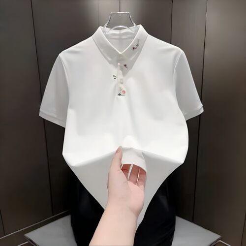 夏季花卉刺绣短袖翻领T恤