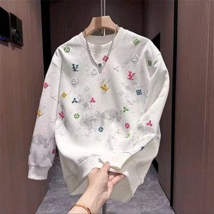 套头上衣轻奢百搭打底衫 潮牌发泡印花卫衣男士 痞帅时尚 新款 男 秋季